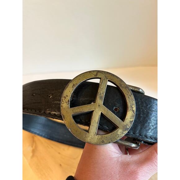 Vintage Black Puma Steerhide Genuine Leather PEACE Brass Buckle Belt Size Medium main image 6